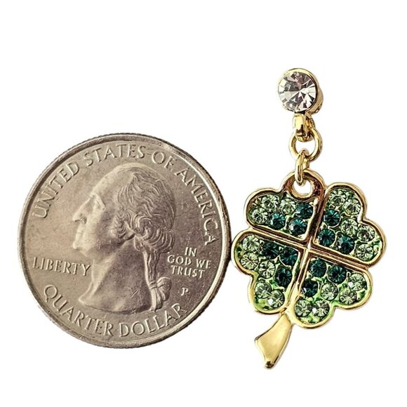 Gold Tone Green Rhinestone Pave Four-Leaf Clover Dangle Lapel Tie Scarf Pin L267 - Picture 7 of 9